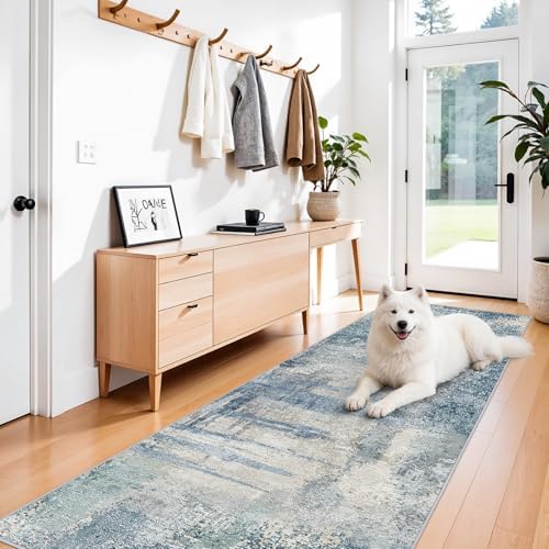 3x10 Abstract Modern Extra Long Runner:Non Slip Washable Rug Blue by BYYVOORugsforYourHome