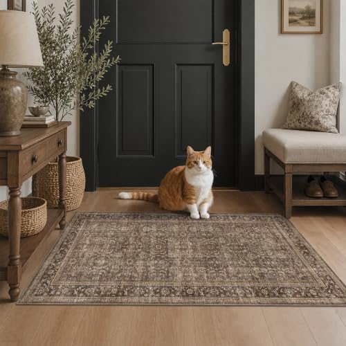 JOOJA 2x4 Brown Vintage Low Pile Non Slip Washable Boho Kitchen Runner Rug by JOOJA