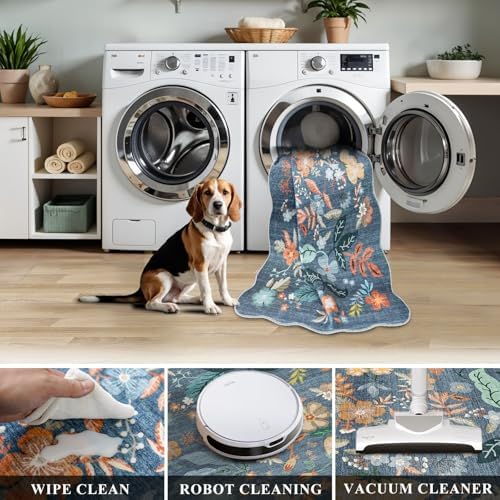 2x6 Washable Hallway Runner Rug: Blue Boho Floral Scalloped Kitchen Rug - Image 6