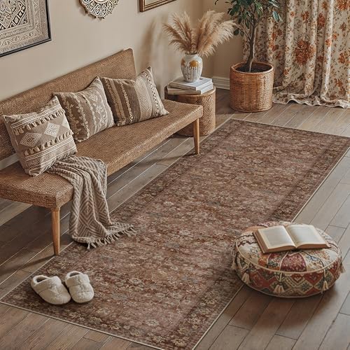 HUGEAR 3x8 Brick Red Vintage Floral Washable Runner Rug - Image 3