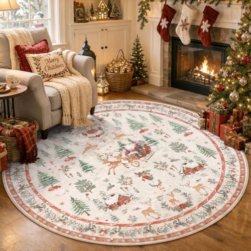 Lahome Round Christmas Rug, 5 ft Round Rug, Reindeer Christmas Decor by Lahome