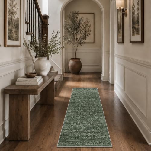 JOOJA 2x6 Dark Olive Green Vintage Low Pile Western Washable Runner Rug - Image 2
