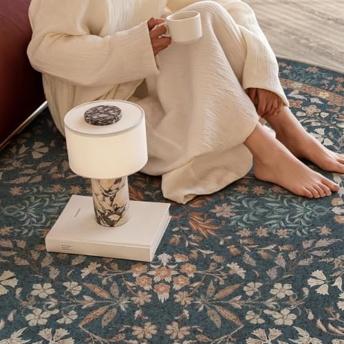 jinchan 5ft Washable Round Area Rug, Soft Floral Non-Slip, Dark Blue - Image 5