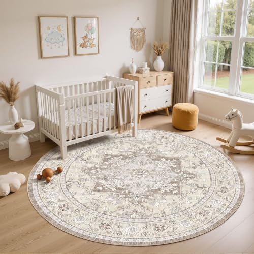 Washable Area Rug-8X8 Vintage Neutral Soft Brown - Image 5