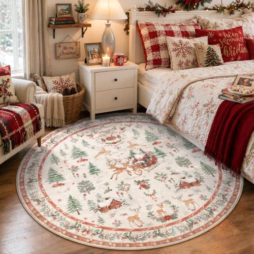 Lahome Round Christmas Rug, 5 ft Round Rug, Reindeer Christmas Decor - Image 2