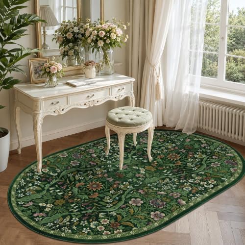 4x6 Oval Washable Rug Green Floral Rug Non-Slip Indoor Carpet - Image 2