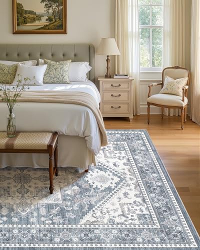 Washable Area Rug-10X14 Vintage Neutral Soft Blue - Image 4