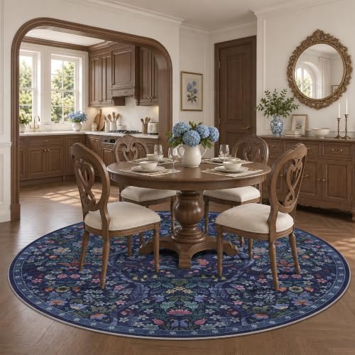 Round Rug 6ft Floral Circle Rug Blue Botanical Indoor Area Rugs - Image 4