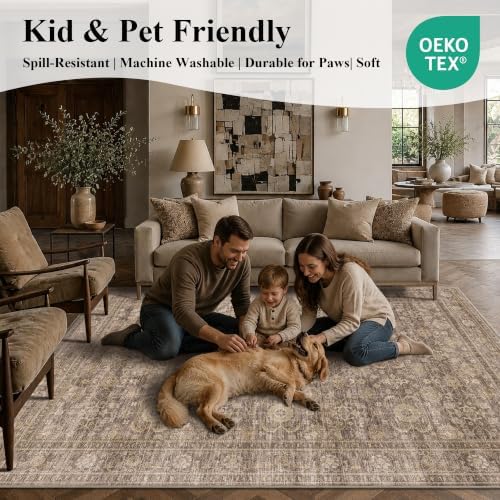 JOOJA 8x10 Neutral Tan Vintage Soft Low Pile Boho Washable Large Area Rug - Image 7
