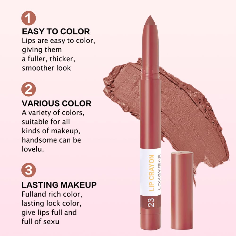 BINGBRUSH Lip Crayons Matte Longwear Lipstick Pack Set,Moisture Smooth Lipliner With Built-in Sharpener Ultimate Super Stay Ink Lip Crayon for Makeup- Waterproof Velvet Lipgloss Lip Stain(23#Brown)