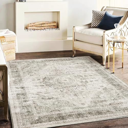 CHAMPLANT Area Rug 5'x7' Washable Rug Floral Khaki Traditional Floor Cover Thin by CHAMPLANT