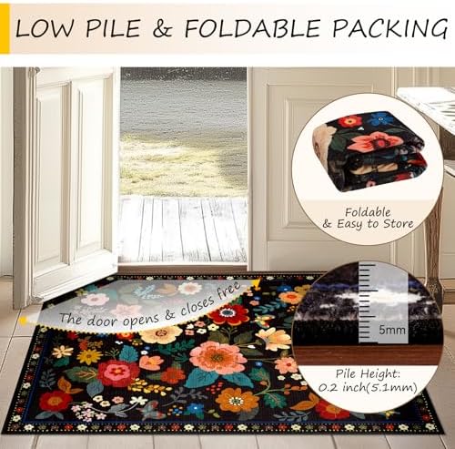Floral Washable 2x6 Area Rugs Runner Entryway Hallway Black - Image 4