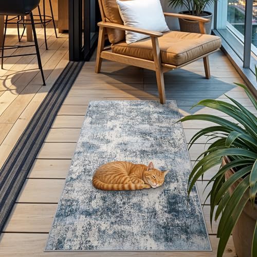 2x4 Rug for Entryway Washable: Non Slip Abstract Runner for Kitchen Blue - Image 4