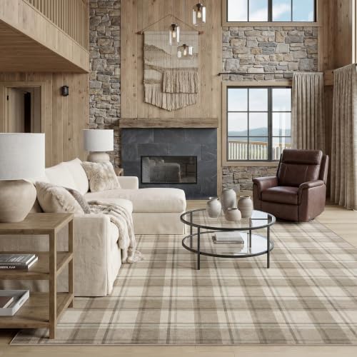 Beige Checkered 8x10 Washable Non-Slip Area Rug - Image 2