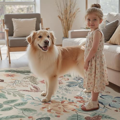 DCX Beige Floral Rug 2x6, Washable Beige Rug - Image 3