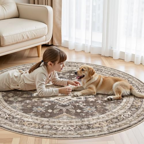 cotiled 5ft Round Living Room Area Rug, Traditional, Dark Brown - Image 6