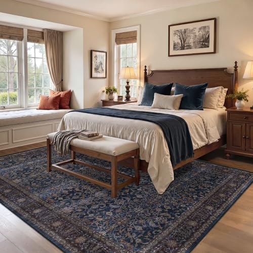 Washable Area Rug 10'x12' Living Room, Vintage Old Money, Dark Blue - Image 3