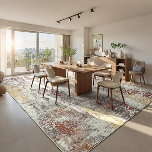 Living Room Rug 9x11 Beige Area Rugs Machine Washable Abstract Boho Large Rug - Image 2