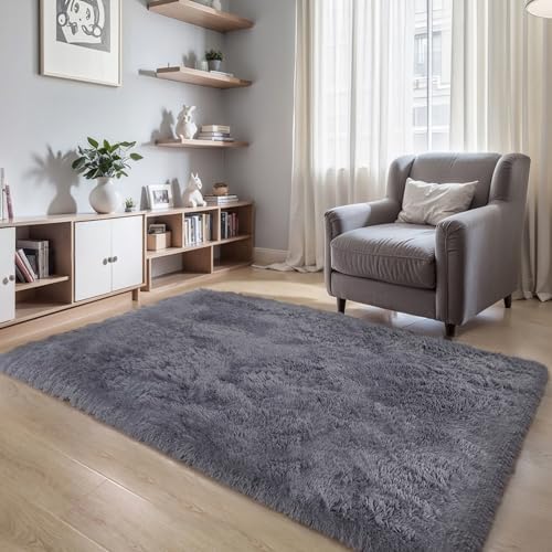3x5 Thick Grey Fluffy Shag Rug for Bedroom, Plush Washable Carpet by KICHOWUA