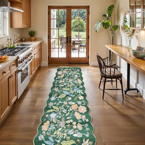 2x10 Washable Hallway Runner Rug: Scalloped Floral Long Kitchen Rugs Green by BYYVOORugsforYourHome