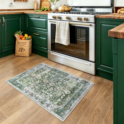 KUTA Vintage Floral Green Entryway Rug 2x3, Kitchen Rugs Washable by KUTA