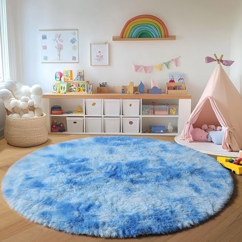 Tie-Dye Blue Fluffy Round Rug Circle Area Rugs 4ft - Image 6