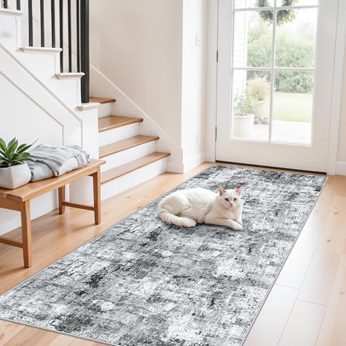 3x7 Washable Non-Slip Kitchen Runner Rug – Modern Abstract Neutral Gray Carpet by ZHXXUJ