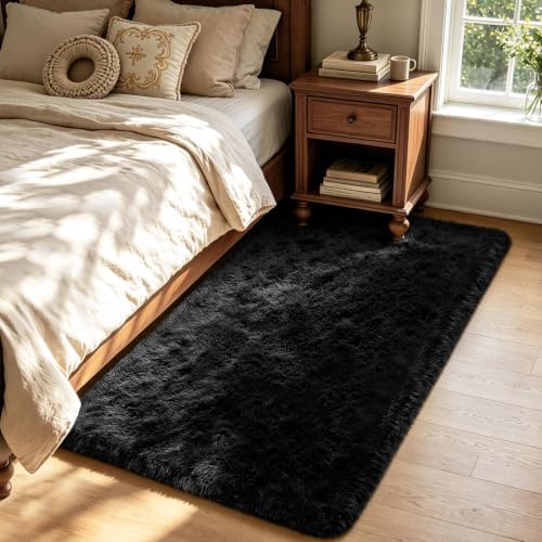 Black 3x5 Area Rugs for Bedroom, Fluffy Shag Rug Small Rug Bedroom Carpet by Yongyangjuxi