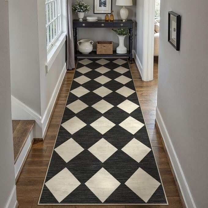PureCozy Black 3x8 Washable Runner Rug Kitchen Non Slip Checkered Carpet - Image 2
