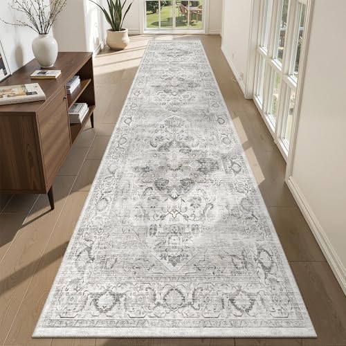Washable 2.6x10 Runner Rug, Non Slip Hallway Rugs Ivory/Gray - Image 3