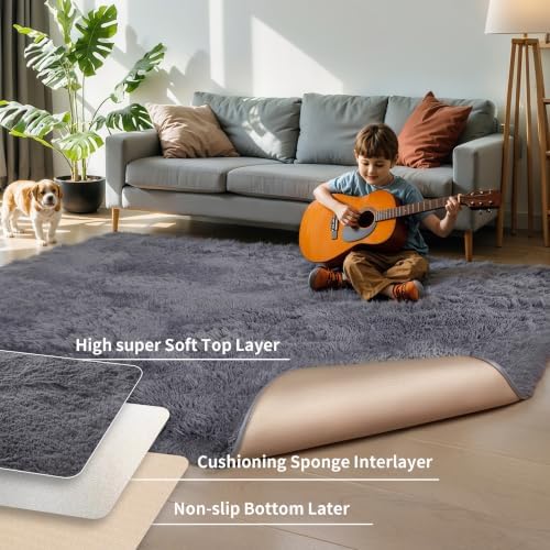 4x6 Thick Grey Fluffy Shag Rug for Bedroom, Plush Washable Carpet - Image 4