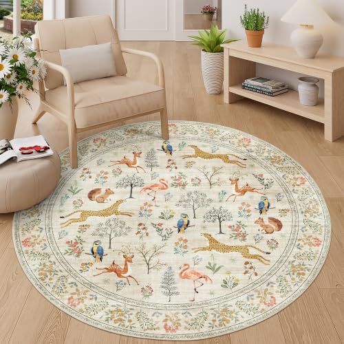 DUKINO 5ft Round Rug, Washable Animal Non Slip Circle Area Rug by DUKINO