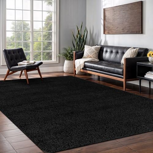 Area Rug 5x7 Black Washable Indoor Rug Solid Non Slip Easy to Clean Non by LenaRug
