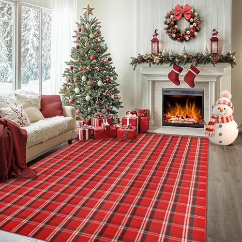 Christmas Red Green White Plaid Rug 8x10 ft, Extra Large Cotton Hand-Woven by Homydecor