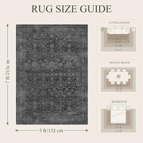 5x7 Washable Boho Area Rug, Non-Slip Black Bedroom Nursery Carpet - Image 2