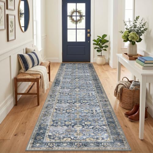 KUTA Vintage Washable Runner Rug 3x14 Hallway Runners Blue Grey Beige by KUTA