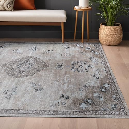 Non Slip Area Rugs 6x9 Boho Medallion Floral Non Skid Rubber Backing Easy Silk - Image 5