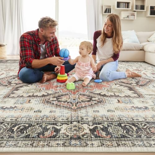 Vintage 9x12 Rugs for Living Room Washable Area Rug Multi Cream - Image 5