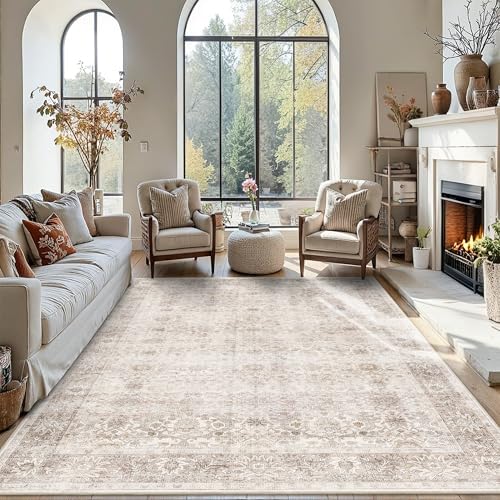 9x12 Washable Area Rug Neutral Beige Vintage Rug by Zeeinx