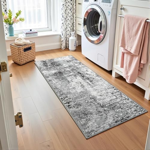 Dark Grey Washable Runner Rug for Bedroom, Abstract Non-Slip Soft Entryway Rugs - Image 3
