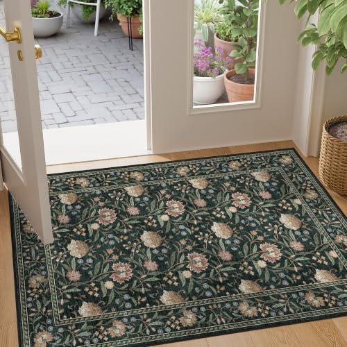 DUKINO 2x3 Rug, Washable Vintage Floral Bathroom Rugs Non Slip, Dark Green by DUKINO
