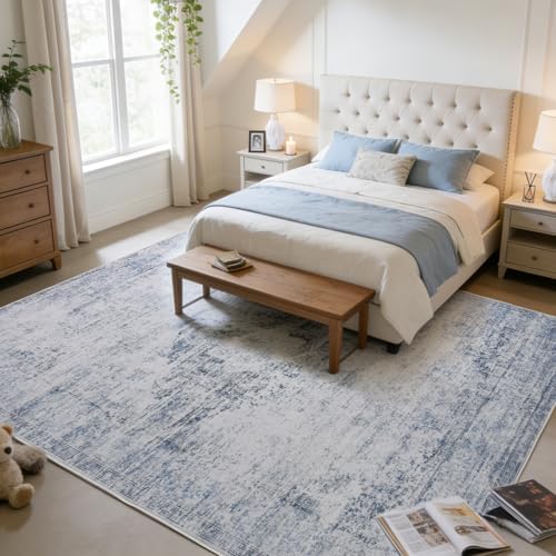 Washable Area Rug 8x10 for Living Room, Non-Slip Backing, Distressed Blue - Image 2