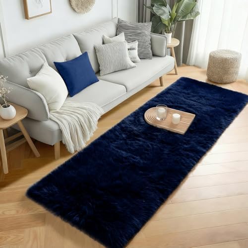 Navy Blue Runner Rug 2x6 Fluffy Dark Blue Bedside Rugs - Image 3
