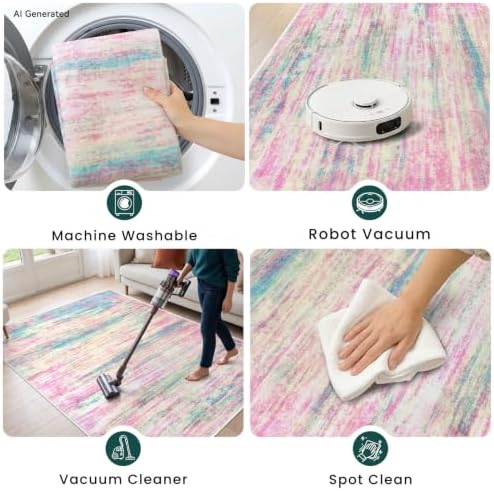KOZYFLY Washable Girls Kids Bedroom Rug Pink 3x5 Area Rug Abstract Striped - Image 6