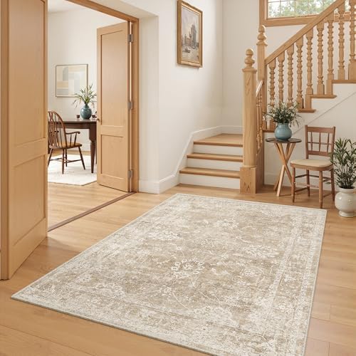Madane Washable Area Rug 4x6 for Living Room, Soft Neutral Rugs Beige/Brown - Image 3