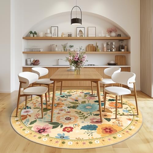 RELEANY Floral Washable Round 8ft Area Rug Yellow/Orange - Image 2