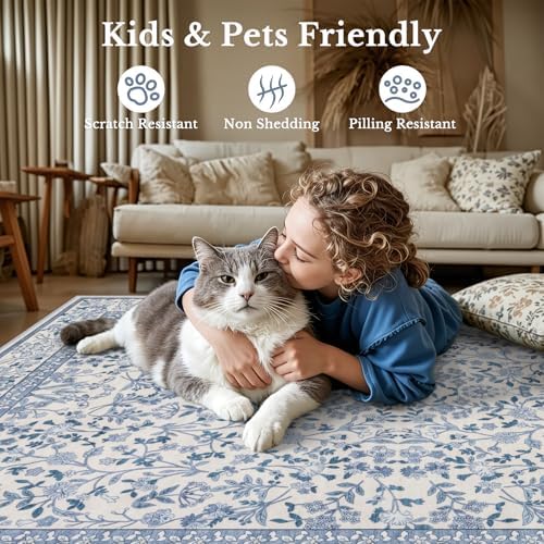 6x9 Area Rug Living Room: Soft Floral Washable Boho Carpet Blue - Image 6