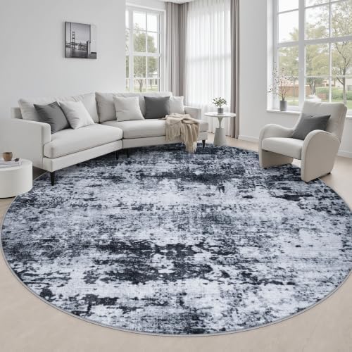 Round Area Rug Living Room: 8 ft Modern Washable Carpet Black by FXRHLP