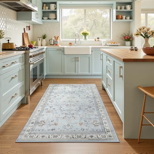 Light Blue Washable Boho Area Rug - Image 3