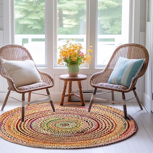 Cotton Craft Jute & Cotton Multi Chindi Braid Rug, Hand Woven Reversible - Image 2